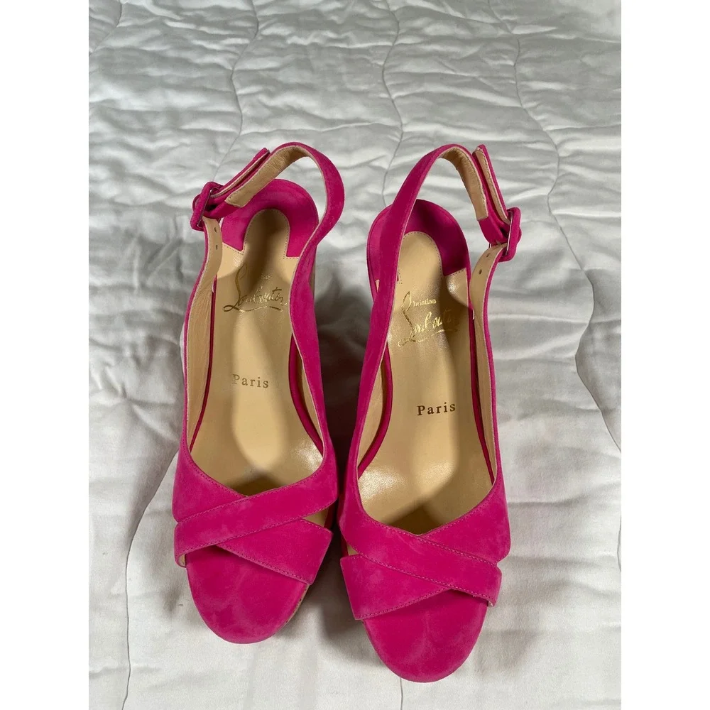 Christian Louboutin Pink Suede Cork Platform Wedge Sandals Size 38 Red Bottoms